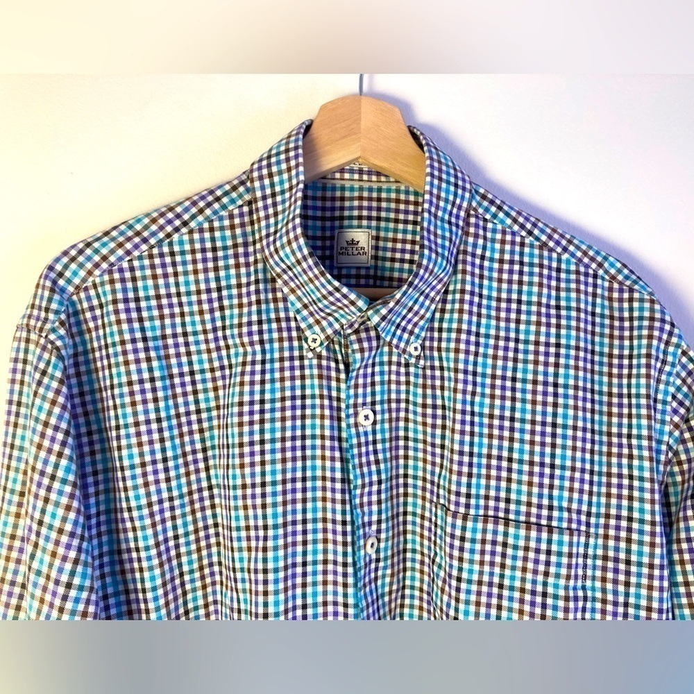 Peter Millar Shirt Mens XL Button Up Long Sleeve Purple Blue Plaid Cotton Easter